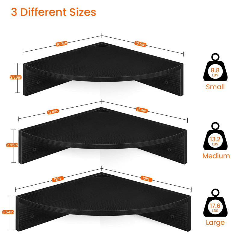 Corner Floating Shelves Wall Mounted Storage Organizer Set of 3, Black