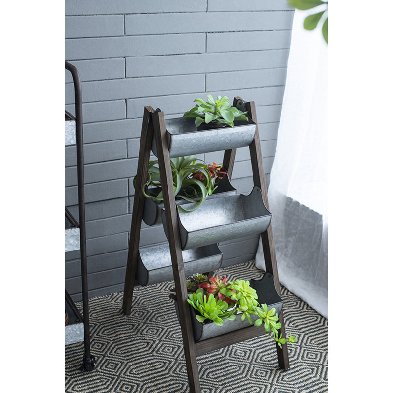 Foldable Planter 14.2" X 7.5" 70.9" - Vertical Space For Floral Delights, Five Galvanized Buckets On Wood Structure, Silver Brown Hue, Rustic Appeal, Outdoor Application And Style Garden Show Your