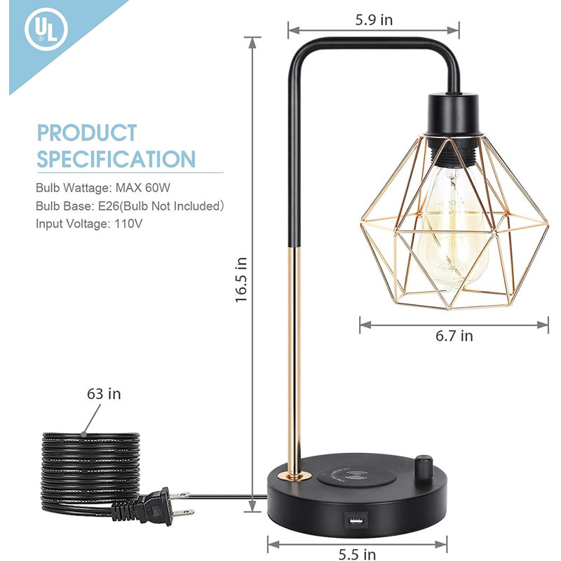 Lampe de bureau USB en métal Ragon, Noir / or, Or, H 16,5 po x l 5,9 po x P 5,5 po