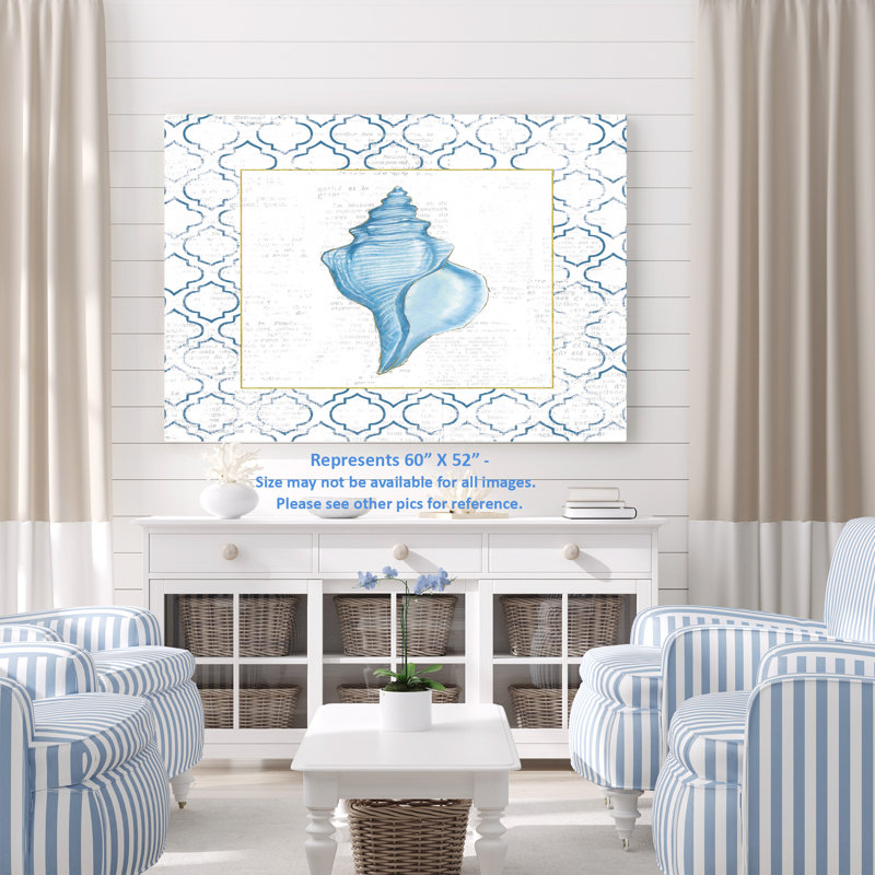 Conch Seashell, Gemoetric Patterned Background On White, 26" H x 50" W x 1.5" D