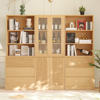 71" H X 70.9" W Bookcase Cabinet With Glass Doors & Open Shelves, 3-Tier Modern Bookshelf With Open Storage Bookcase(A+2B)