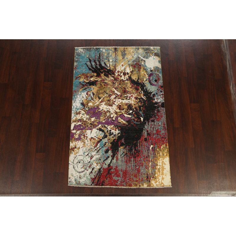 Tapis unique noué à la main nouvel âge de 4 pi 1 po x 6 pi 4 po gris / or / noir / rouge New Age