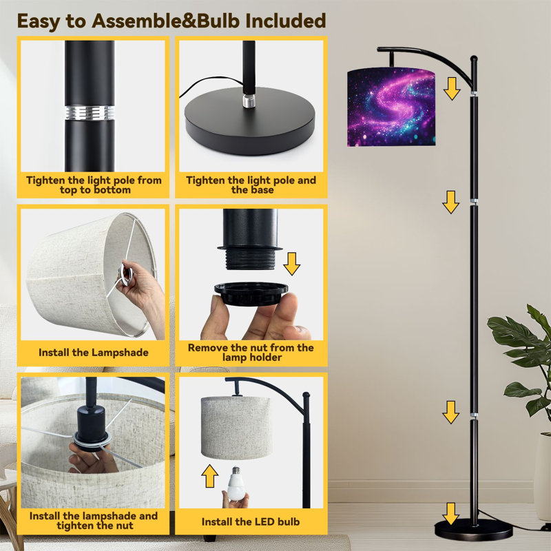 Arc Floor Lamp Purple Blue Neon Shimmer Glitter Floor Lamps with Remote LED Lights Adjustable Lamp Shades Tall Standing Lamps for Reading Office Living Room