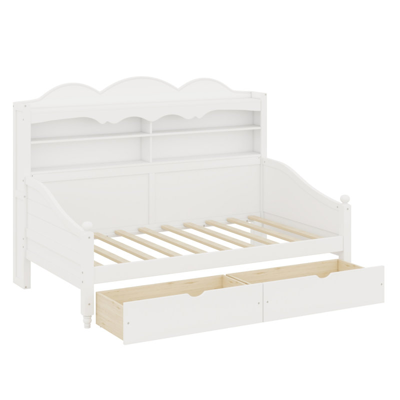 Retro Style Daybed with Storage Drawers and Headboard Shelves for Bedroom and Guest Room, White