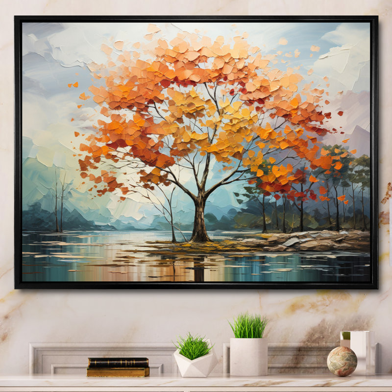 Érable orange majestueux I - arbre érable, art mural, Cadre flottant noir, H 34 po x l 44 po x P 1,5 po