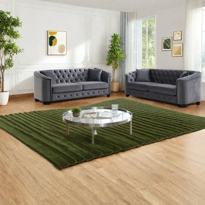 Deep Cushion Compression Sofas, Grey Velvet 6 Seat Chesterfield for Home