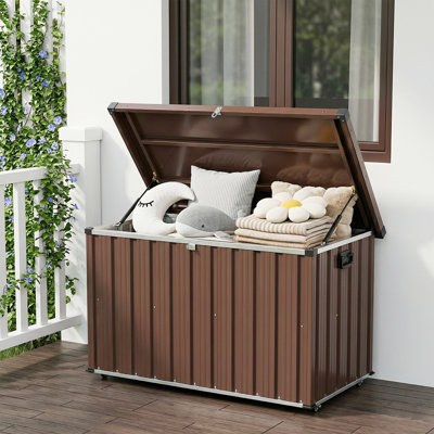 Metal Deck Box 160 Gallon Waterproof Patio Storage Container, Metal Outdoor Storage Box Large Bin with Wheels for Deck, Porch, Pools