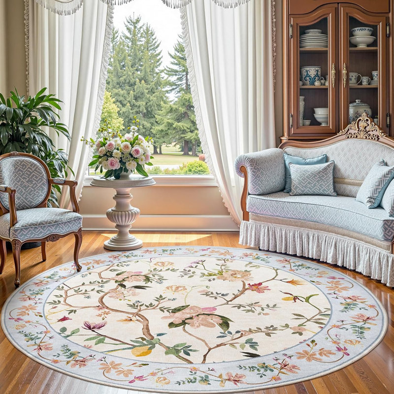 Chinoiserie Vintage Floral Rug Washable Non-slip Beige/Blue, Round 8', Beige/Blue