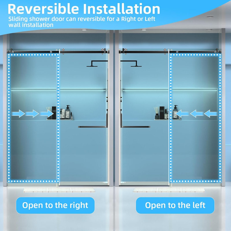56-60" W x 75" H Sliding Shower Door, Frameless Glass Shower Door with 5/16" (8mm) Clear Tempered Glass, Explosion-Proof Film, Pull Handle, Stainless Steel Hardware, Matte Black Finished