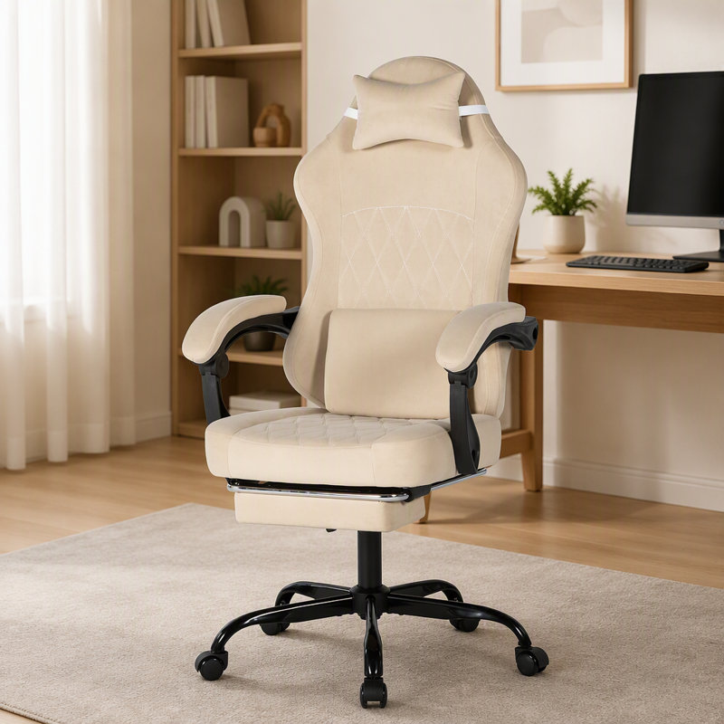 Fauteuil de jeu ergonomique avec fonction de massage lombaire et d'inclinaison, Beige, Beige