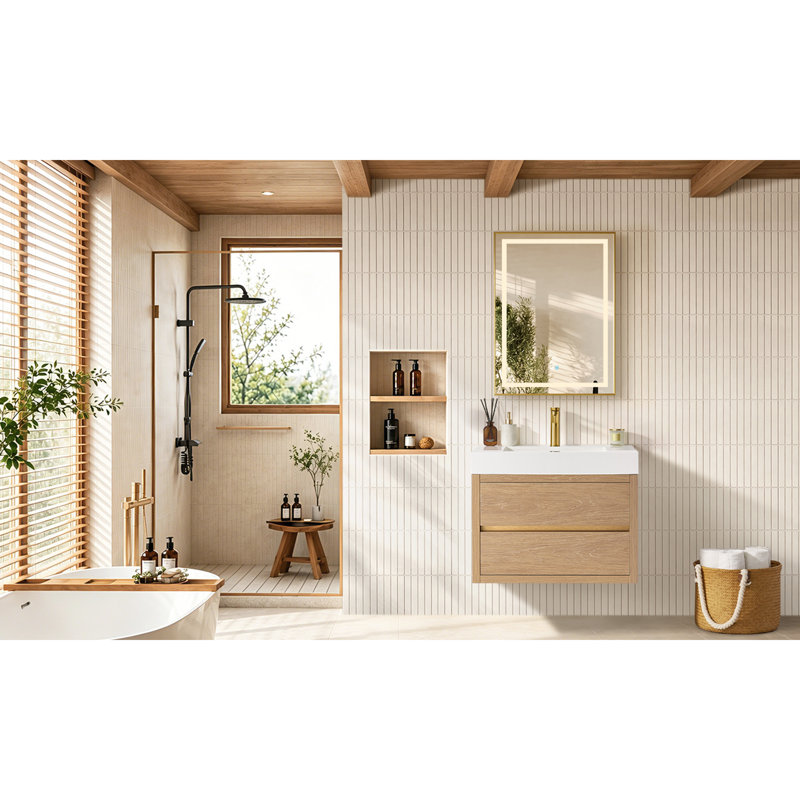 Ensemble de meuble-lavabo mural simple 29,9 "Vali, Finition chêne nord-américain, Blanc, 30"