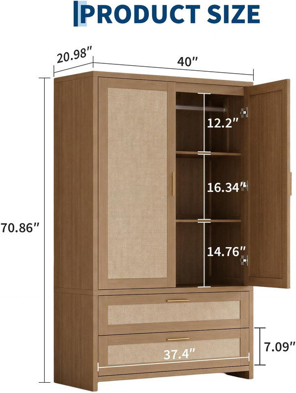 Armoire de 71 po de hauteur avec armoires en rotin Boho avec tiroirs, tringle suspendue et 2 portes