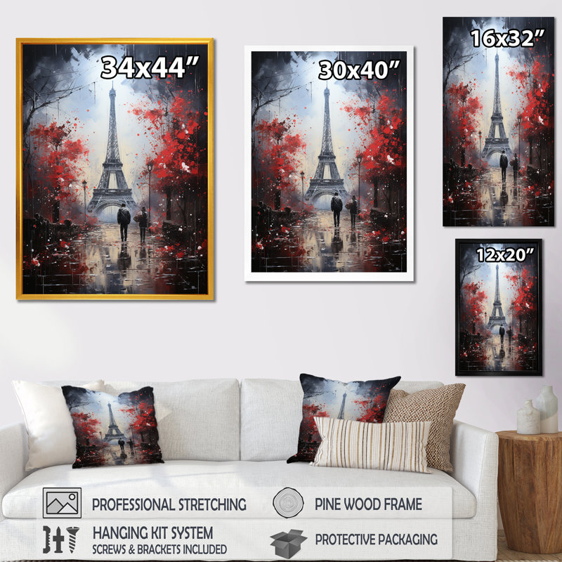 Love Couple Walking To Eiffel Tower - City Paris, art mural, Cadre doré simple, H 32 po x l 16 po x P 1 po