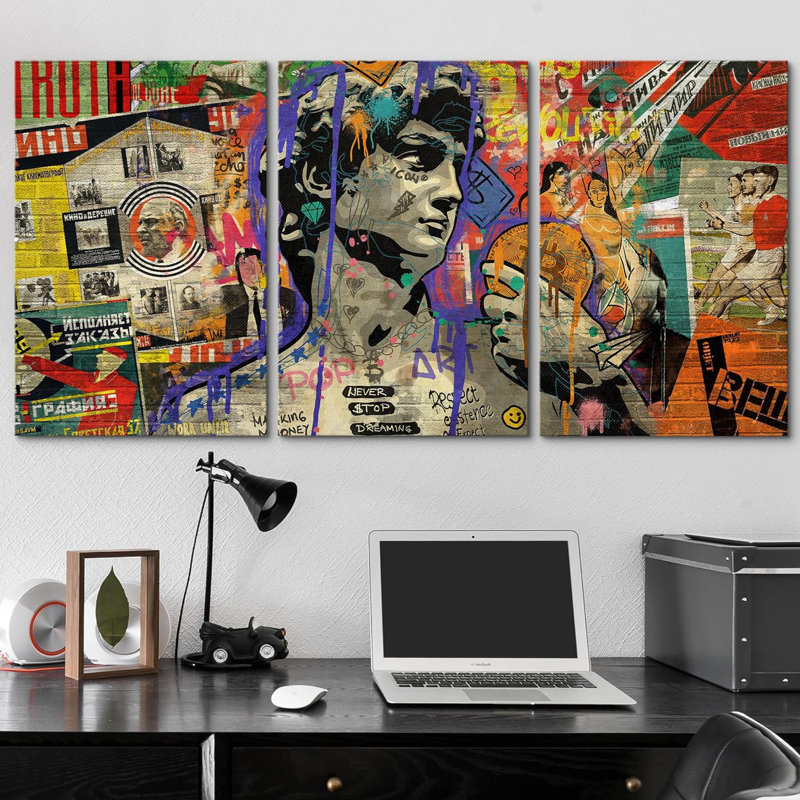 Peinture en aérosol Michelangelo David Graffiti et art urbain, art moderne coloré, portrait urbain, 3 pièces, Toile tendue