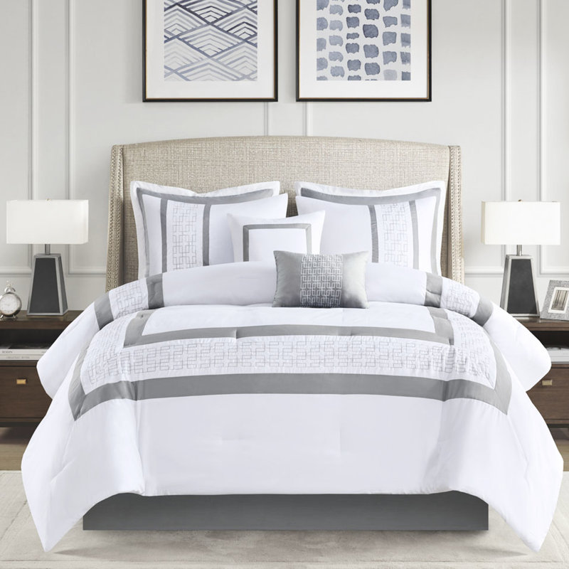 King 8 Piece Comforter - Elegant Embroidered Decor Grey And White Bedding Graceful Pillows &
