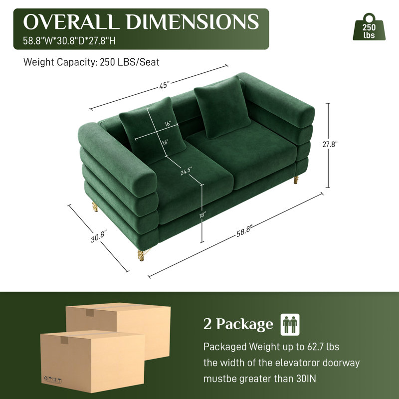 Causeuse en velours 58 po avec pattes dorées 58 po Modern , Velours vert