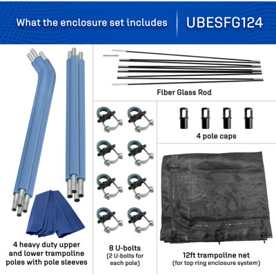 Plexalife Trampoline Top Ring Enclosure Set including Trampoline Net, 4 Curved Tramppoline Poles, Caps & Foam Sleeves - Fits 14ft Round Trampoline
