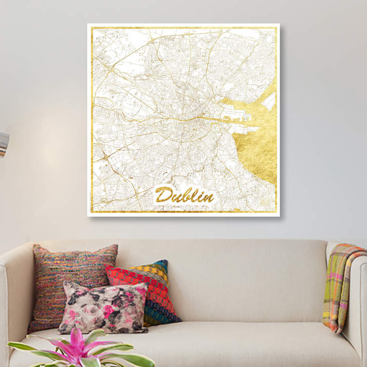 «Dublin Gold Leaf Urban Blueprint Map», impression sur toile, H 48 po x l 48 po x P 1,5 po, Toile tendue, Pas de tapis