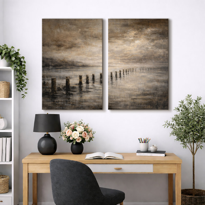 «Moody Coastal Pier», œuvre d'art sur toile encadrée, impression sur toile, H 24 po x l 32 po, Toile tendue