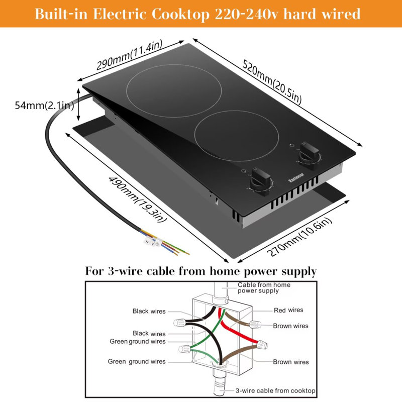 Surface de cuisson électrique à 2 brûleurs Karinear 12 pouces sans prise électrique 3000W