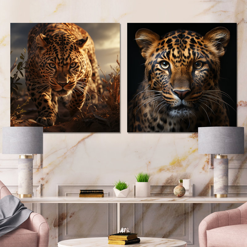 «Leopard In The Wild At Sunset I» - Ensemble de 2 reproductions d'art léopard sur métal, H 16 po x l 32 po