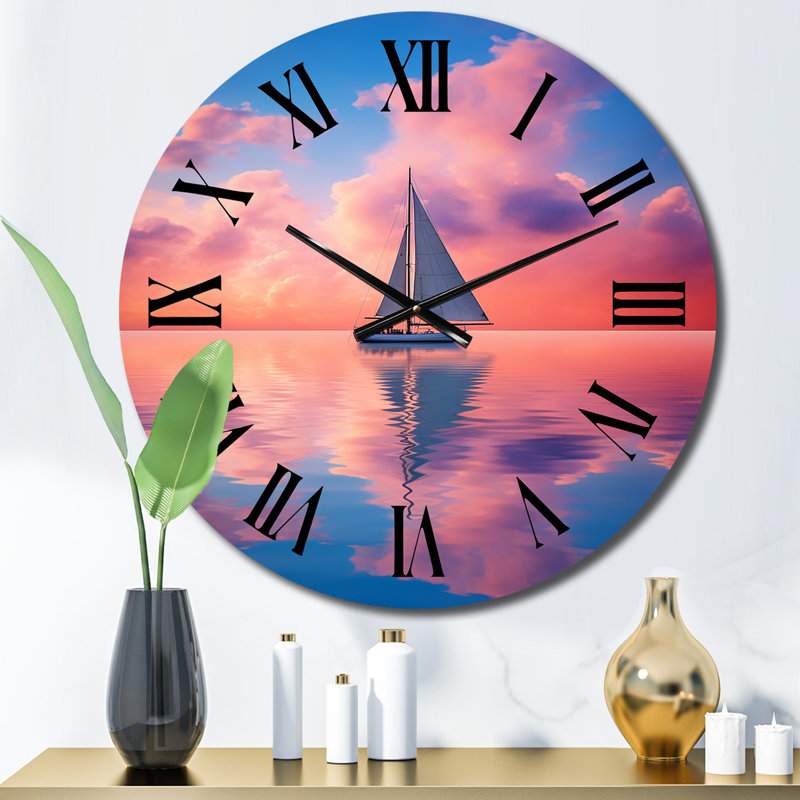 Horloge murale voilier rose et coucher de soleil, Petit