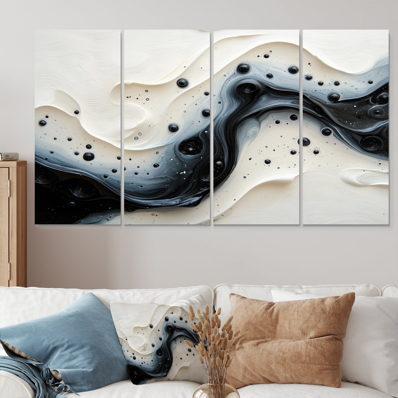 Vague noire et blanche, rivière rythmique VI - goutte d'eau, décoration murale - art mural moderne, H 32 po x l 64 po, 4