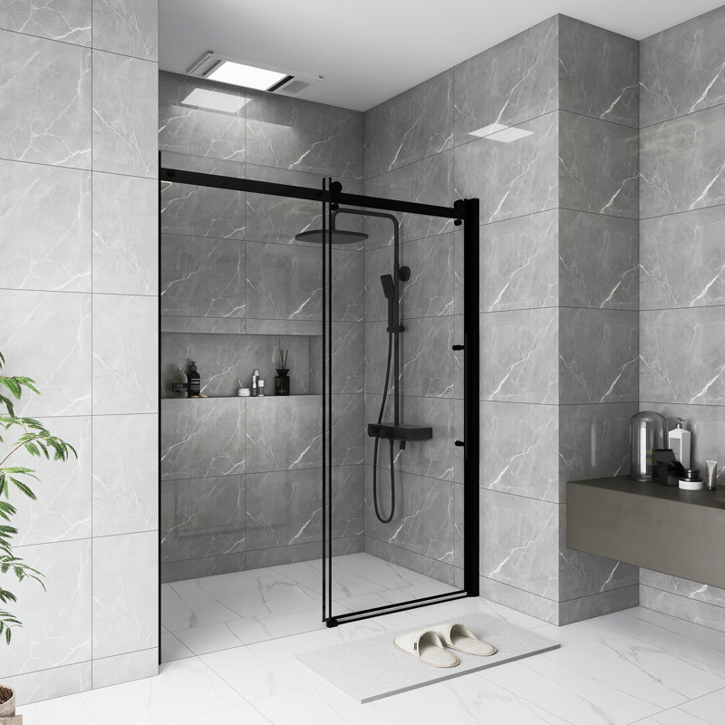 60 In.W X 72 In.H Frameless Single Sliding Shower Door | Reversible Installation | 1/4 Inch Thick  Transparent Tempered  Glass | Equipped With Zinc Roller  Track System, Stainless Steel Handle | Black