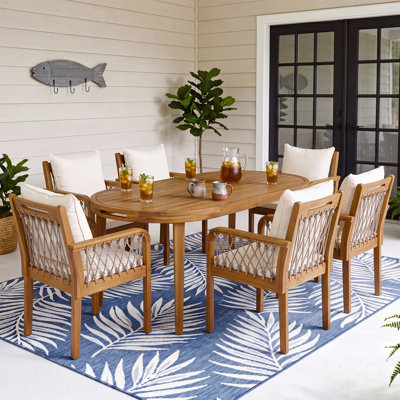 Ensemble de salle à manger d'extérieur 7 pièces en bois d'acacia avec fauteuils en corde tressée, table et chaises de patio résistantes aux intempéries avec coussins