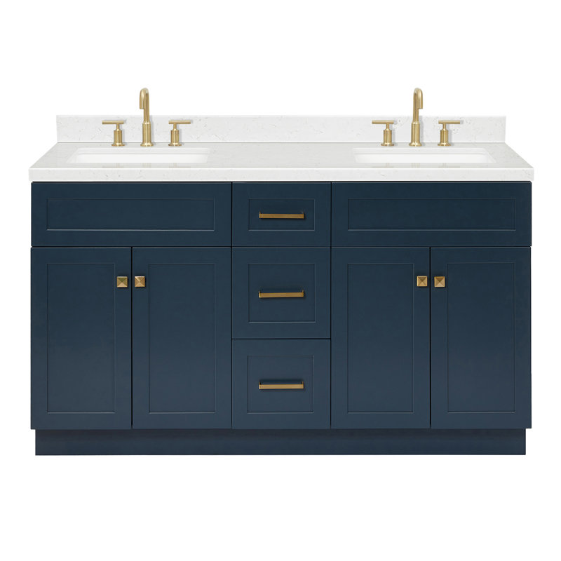 Meuble-lavabo double autoportant 60 po avec plateau en quartz Hamlet, Bleu minuit