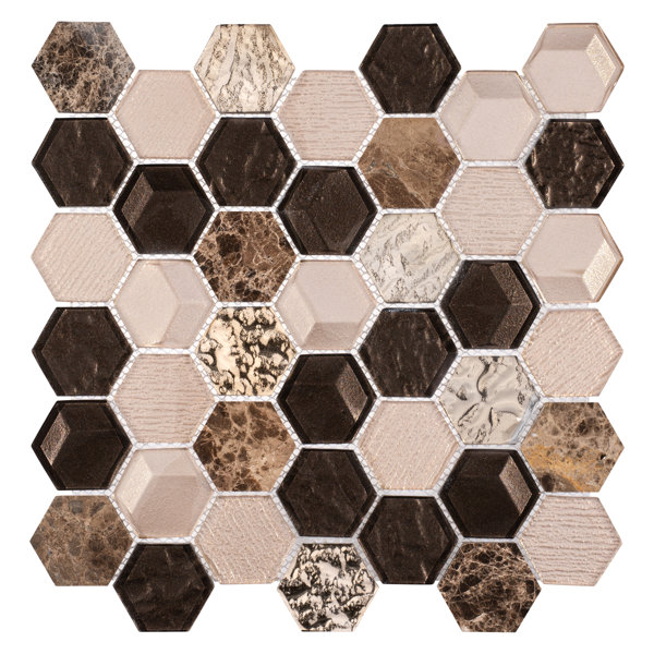Xen 2" Honeycomb Hexagon Pattern Glass and Stone Mosaic Kitchen Backsplash, Bathroom, Shower, Pool, Wall and Floor Tile