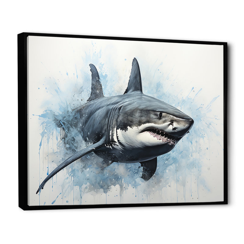 " Minimalism Blue Shark Painting I ", 30" H x 40" W x 1.5" D, Black Floater Framed