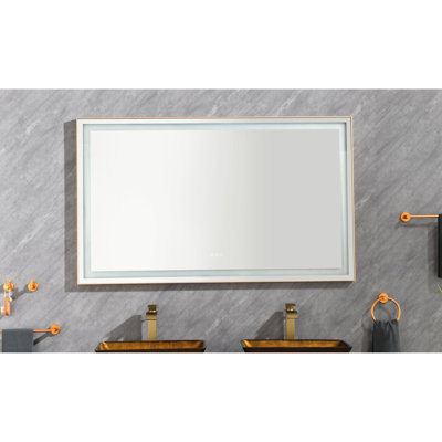 60" X 36" Led Fog Bathroom Mirror, Wall Mounted, 3 Color Settings, Stepless Dimming, Aluminum Frame, Brushed Gold Decoration Vanity Mirror 60 36 Inch Effect, Temperatures, Dimmable, Design