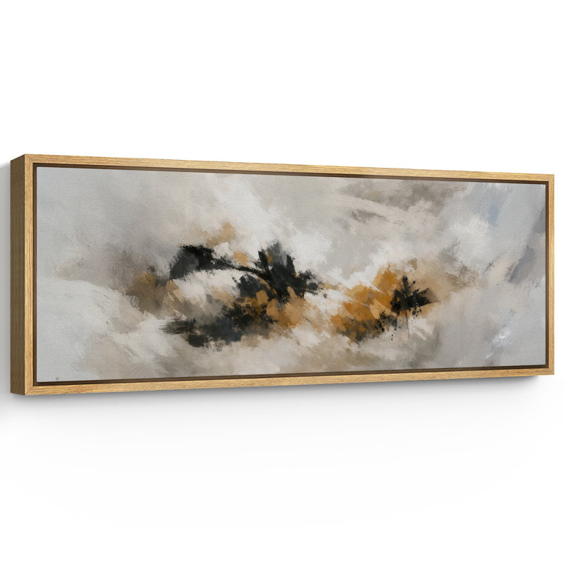 Bold Neutral Abstract Artwork with Black and Ochre Forms, Living Room Pictures, Framed Canvas Giclee Print Wall Art