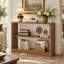 Console de 43 po en bois à bord arrondi, table de canapé à 3 niveaux avec tablettes de rangement ouvertes, table d'entrée moderne pour le salon, le couloir, le vestibule-127917263