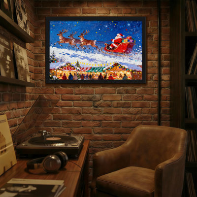 Père Noël survolant le marché de Noël