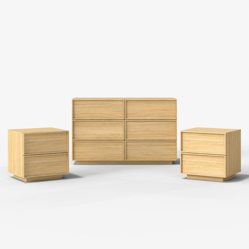 Ensemble de chambre à coucher 3 pièces (ensemble de 2 commodes à 6 tiroirs et 2 tiroirs), Chêne