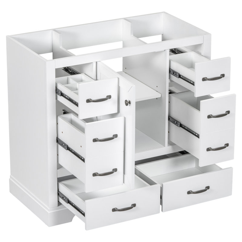Meuble-lavabo simple 35,5 po, comptoir et éclaboussures en quartz blanc pur Edge, lavabos rectangulaires, 1 porte à fermeture douce, 8 tiroirs à queue d'aronde pleine extension