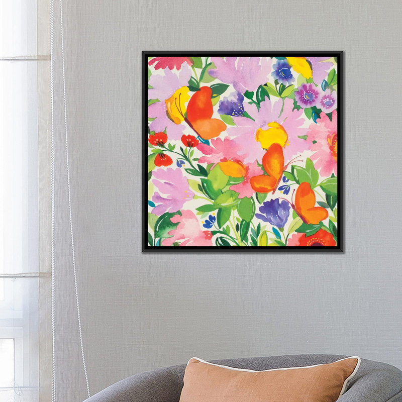 « papillons & echinacea », reproduction d’impression sur toile, H 37 po x l 37 po x P 1,5 po, Toile avec cadre noir