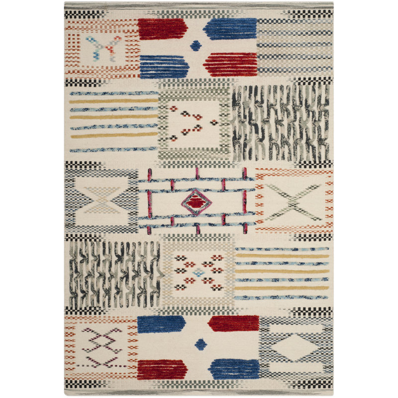 Tapis abstrait en laine / coton tissé à la main Alimatou en ivoire / bleu / rouge, Rectangle 4 pi x 6 pi