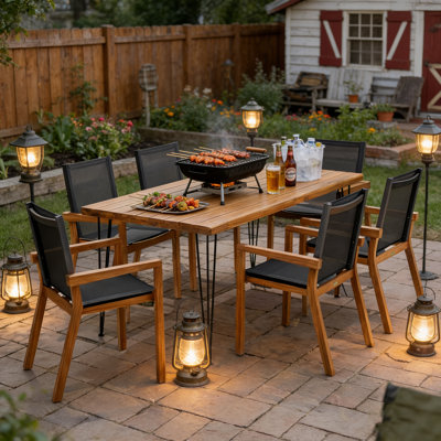 Ensemble de salle à manger 7 pièces en bois d'acacia avec 6 chaises ergonomiques et une grande table pour le jardin, la terrasse ou la piscine.
