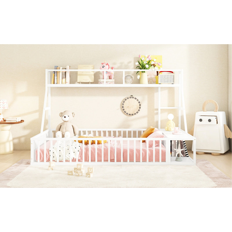 Lit de plancher en métal avec caractéristiques, bureau et rangement pour - blanc, Lit double, Blanc cassé