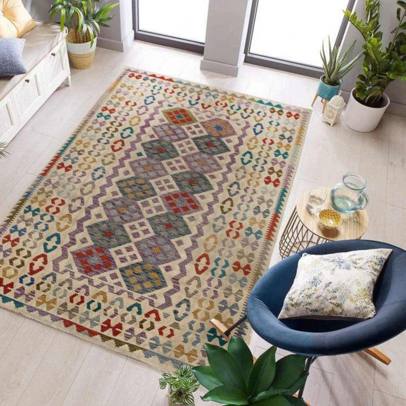 Tapis beige en laine / coton à motif géométrique fait à la main 6 pi 6 po x 9 pi 7 po