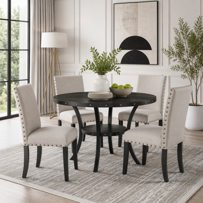 Round Dining Table with Brass Nailheads and Open Shelf