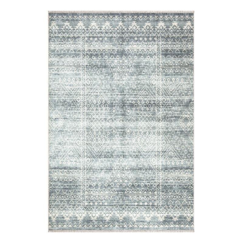 Washable Non-Slip Area Rug - Teal / Ivory Geometric Area Rug for Living Room, Bedroom, Dining Room, and Kitchen