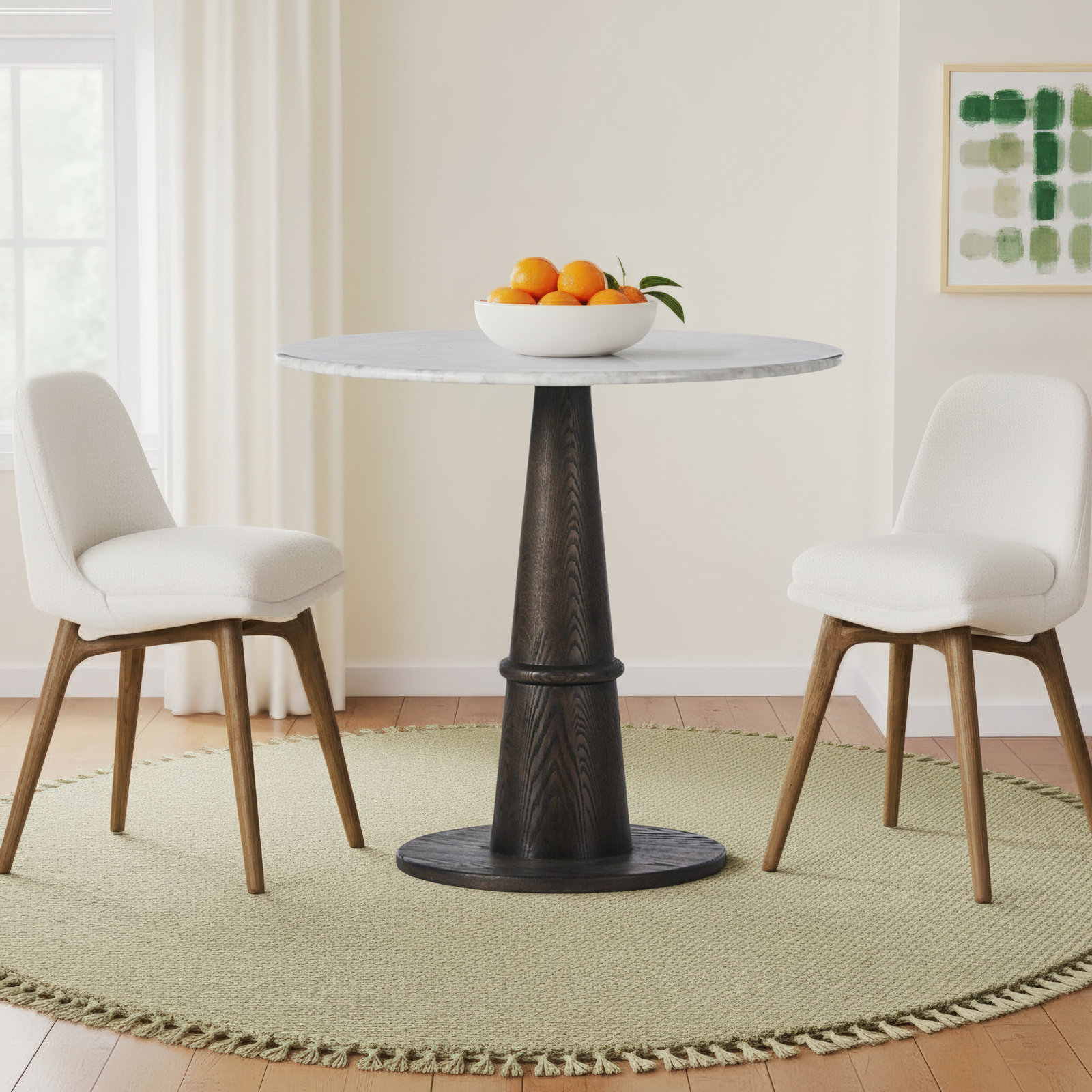 Beverly Oak Dining Table, Honed White Marble/Brown Oak, 42.5" H x 32" L x 32" W