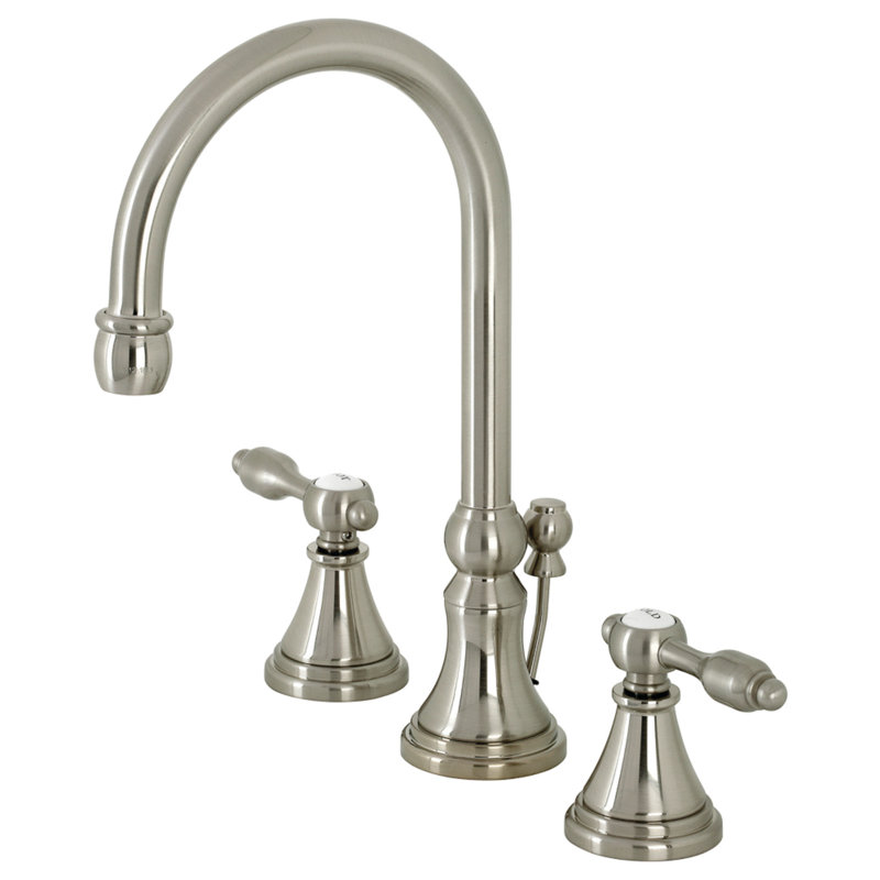 Kingston Brass Tudor Two-Handle 3-Hole Deck Mount Widespread Bathroom Faucet with Brass Pop-Up Drain, Brushed Nickel