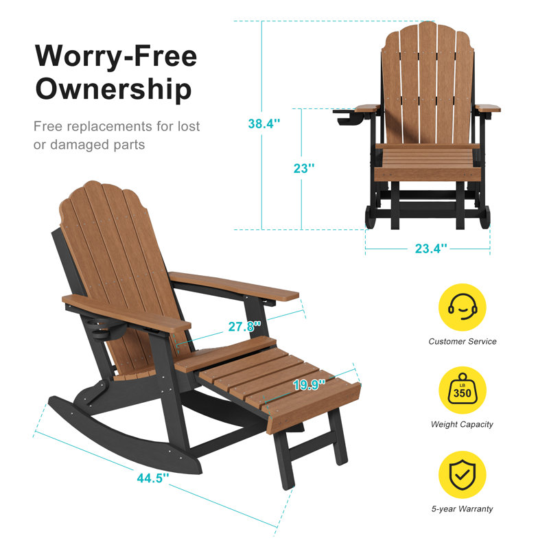 All-Weather HDPE Folding Adirondack Rocking Chair with Retractable Ottoman, 3-Position Adjustable Outdoor Rocking Chair for Patio, Gargen, Deck