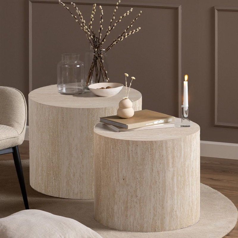 Solid Wood Top End Table, Travertin