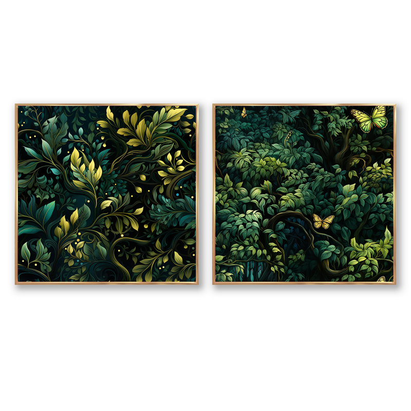 Emerald Canopy Forest - Abstract Botanicals Square Collage Set Of 2, Gold Floater Framed, 16" H x 33" W